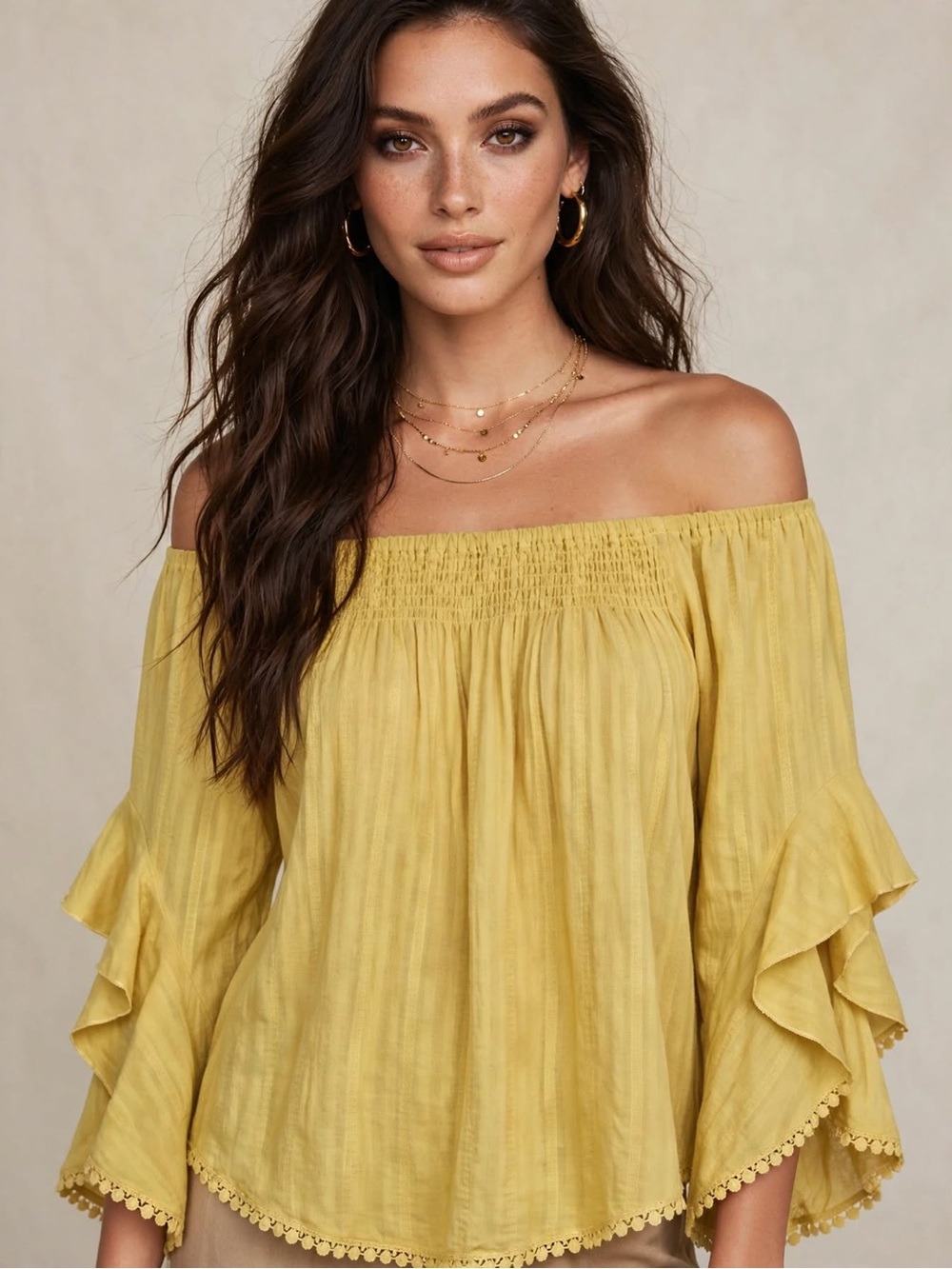 Off Shoulder Gauze Top M Mustard Yellow Flutter Bell Sleeve - And The Why NWOT